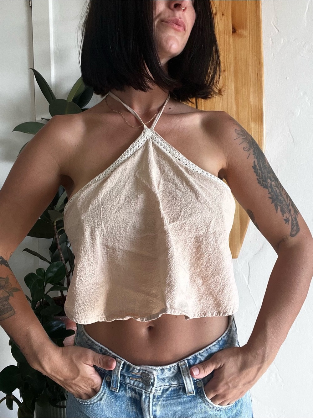 Beige Detailes Trim Halter Crop Top